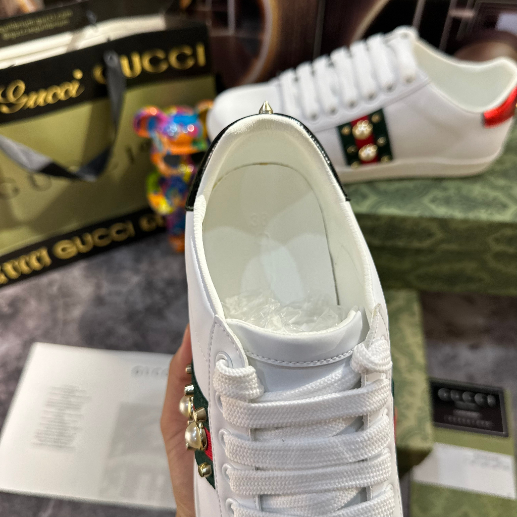 Giày Thể Thao GC Wmns Ace Studded White, Giày Sneaker Guccii Đinh Đá Ngọc + Trai Cao Cấp