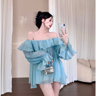 Áo Tơ Trễ Vai Nữ Tay Phồng A102, Áo Sơ Mi Kiểu Trễ Vai 2 Lớp Tay Dài Dáng Xuông Rộng Giấu Quần Có Sẵn Lekemqc