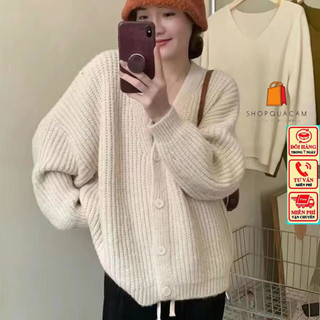 Áo Khoác Len Tay Dài Cổ V Thời Trang Nữ Phối Basic Trơn Tay Phồng,Len Dệt 2 Lớp Mẫu Mới 2024 Phong Cách Hàn Quốc Shopqua