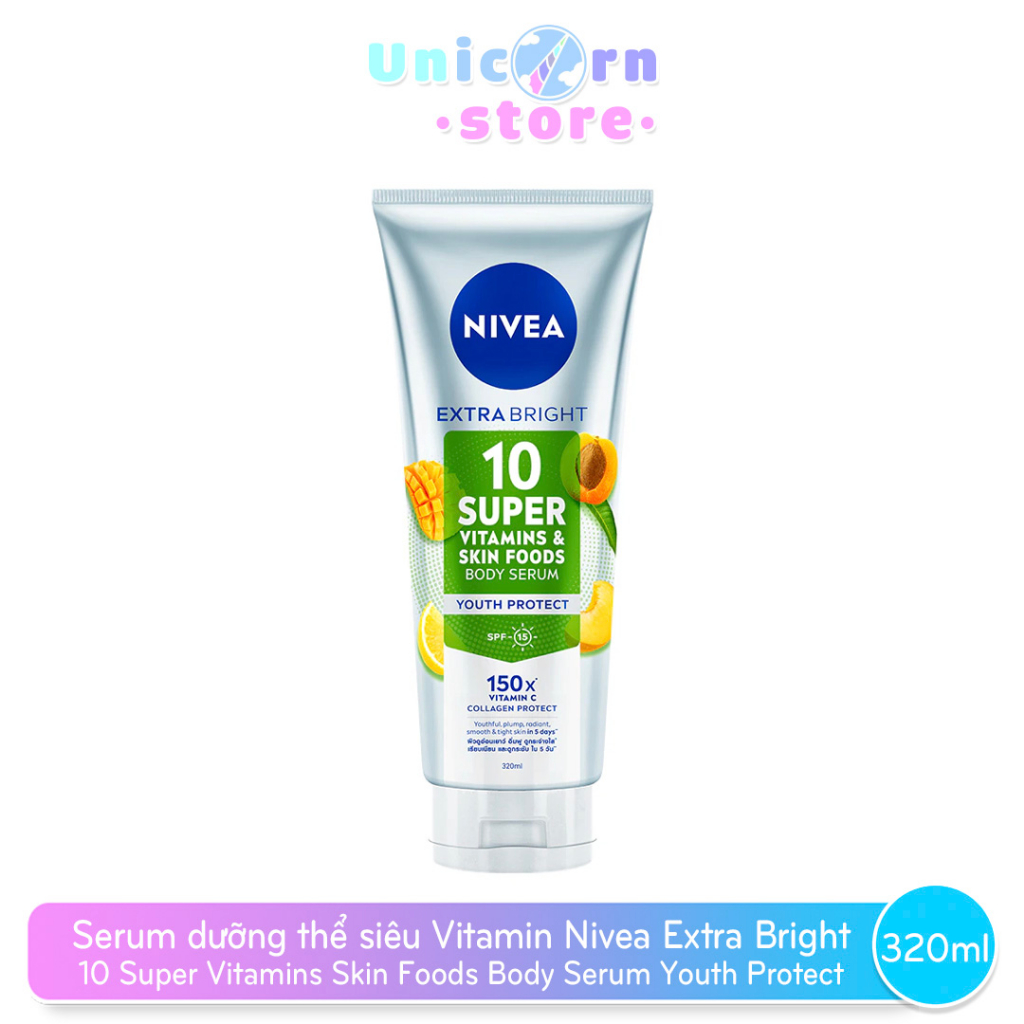 Serum Siêu Dưỡng Thể Dưỡng Sáng Chống Lão Hóa Da Nivea Extra Bright 10 Super Vitamins & Skin Foods Body Serum SPF15320mL