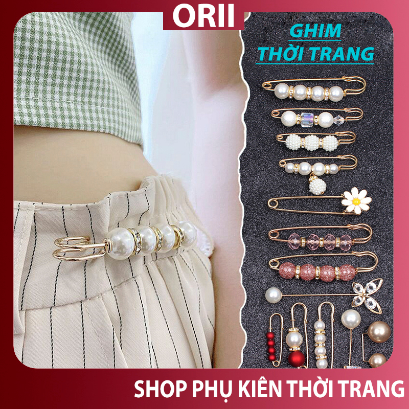 Ghim cài quần bị rộng Orii khuy móc gài bóp eo lưng quần áo jean đính ngọc sang chảnh phong cách Hàn Quốc