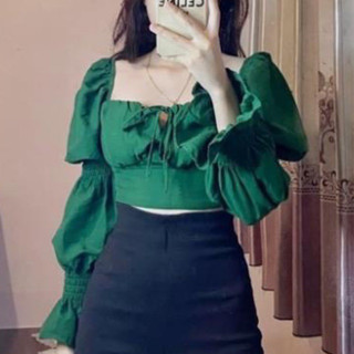 Aó croptop bigsize 55-90kg, áo kiểu tay phồng trễ vai cột nơ ở ngực AC11