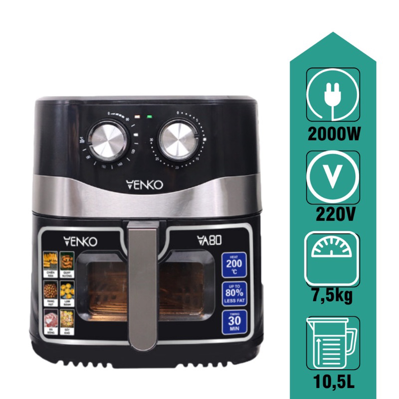 Nồi chiên không dầu Venko 10.5l nướng 2 còn gà thoải mái - Bh 12 tháng