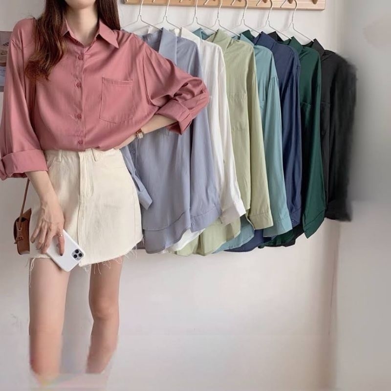 Áo sơ mi nữ form rộng tay dài kiểu Hàn basic