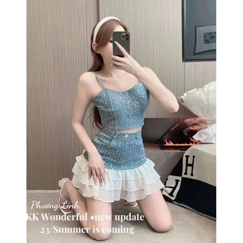 Sét bò áo hai dây kèm chân váy xoè tầng mát mịn phòng cách cổ điển hot trend/Roseycloset