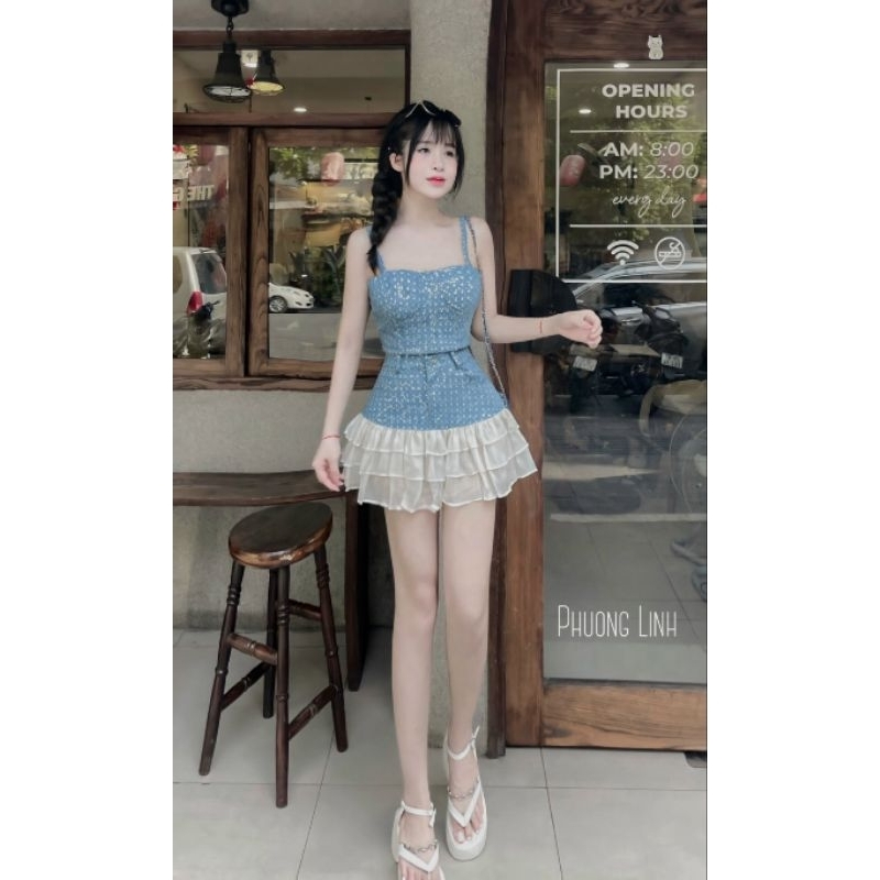 Sét bò áo hai dây kèm chân váy xoè tầng mát mịn phòng cách cổ điển hot trend/Roseycloset