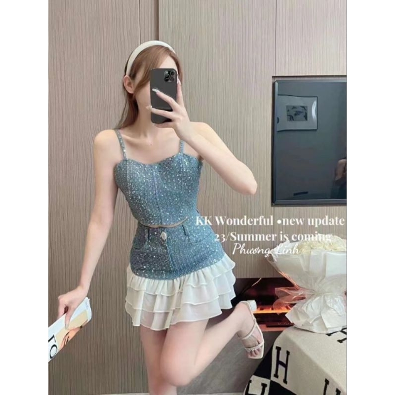 Sét bò áo hai dây kèm chân váy xoè tầng mát mịn phòng cách cổ điển hot trend/Roseycloset