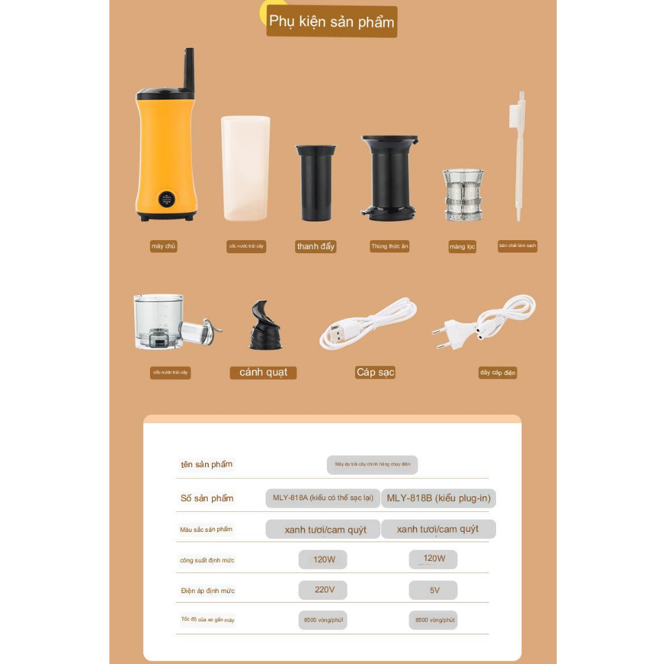 Máy Ép Chậm Hoa Quả Mini, Máy Ép Rau Củ Cho Gia Đình Tiện Dụng Cao Cấp Siêu Bền Ép Nguyên Chất 97%