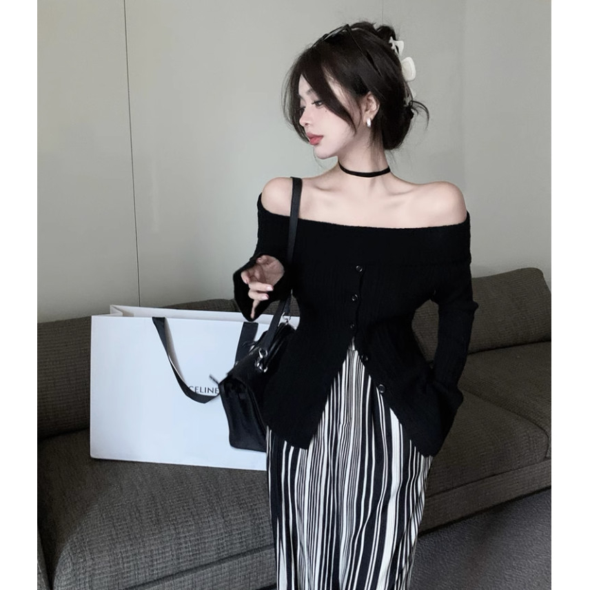 Áo len trễ vai dài tay cúc chạy dọc thân áo, Áo len kiểu nữ hở vai có thể mặc xẻ tà hoặc đóng kín cúc Xuongmaythuhien