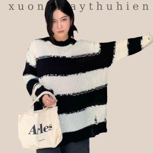 Áo len kẻ ngang rách, Áo sweater kẻ trắng đen tay dài lưới rách cá tính form rộng thời trang cá tính Xuongmaythuhien
