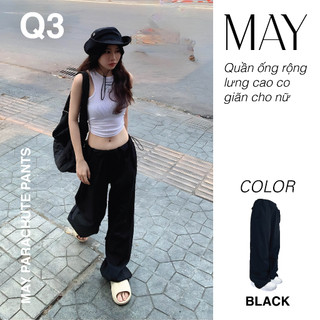 Q3 - Quần ống rộng lưng cao dây rút vải kaki dù siêu mát màu đen trơn phong cách thời trang