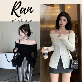 Áo len trễ vai tay dài cóc dọc thân áo , Áo sweater nữ hở vai cúc cài tiểu thư sang chảnh tôn da tôn dáng Ranstore