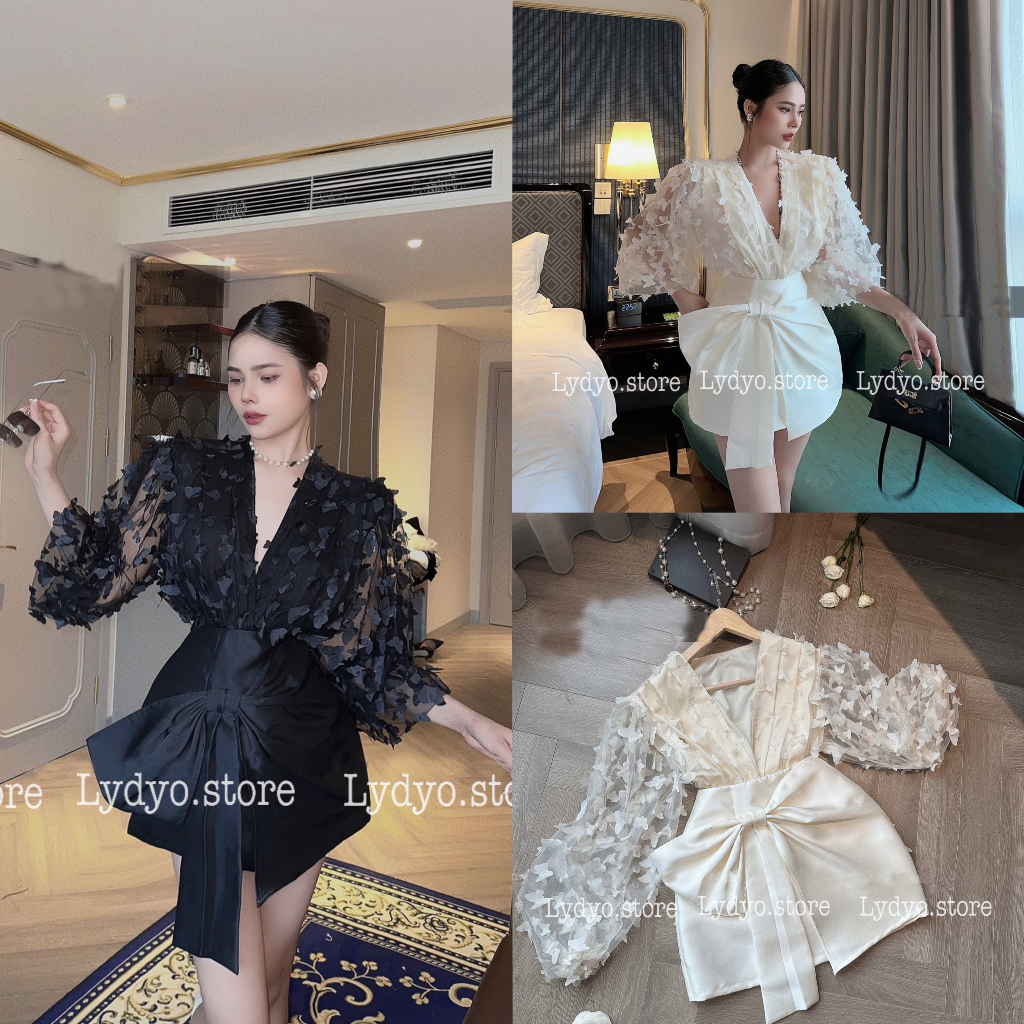 Set váy đầm tafta dài tay, áo hồ điệp, vải voan tơ, chân váy nơ tafta cổ V, cổ đổ thiết kế cao cấp, dự tiệc sang