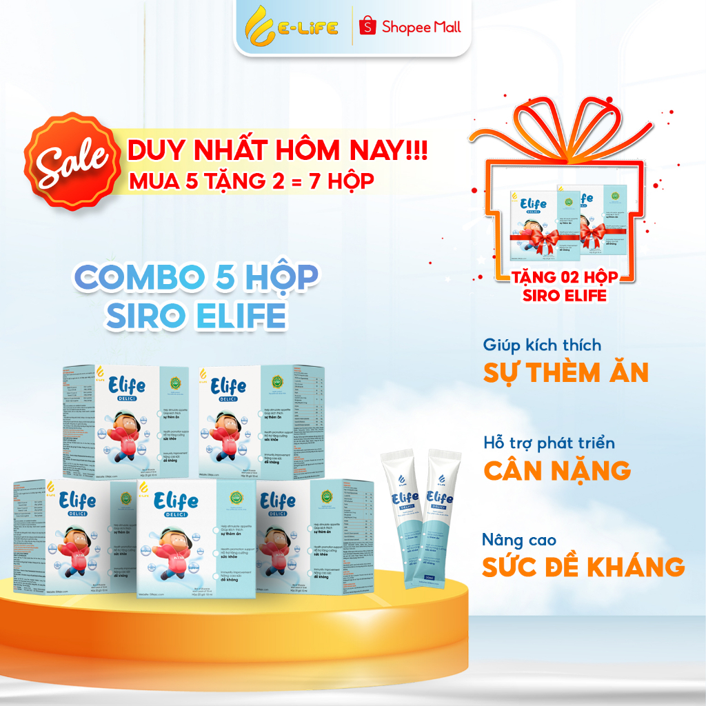 Combo 5 hộp Siro ăn ngon cao cấp ELIFE Delici dành cho trẻ biếng ăn và chậm tăng cân hộp 20 gói 10ml