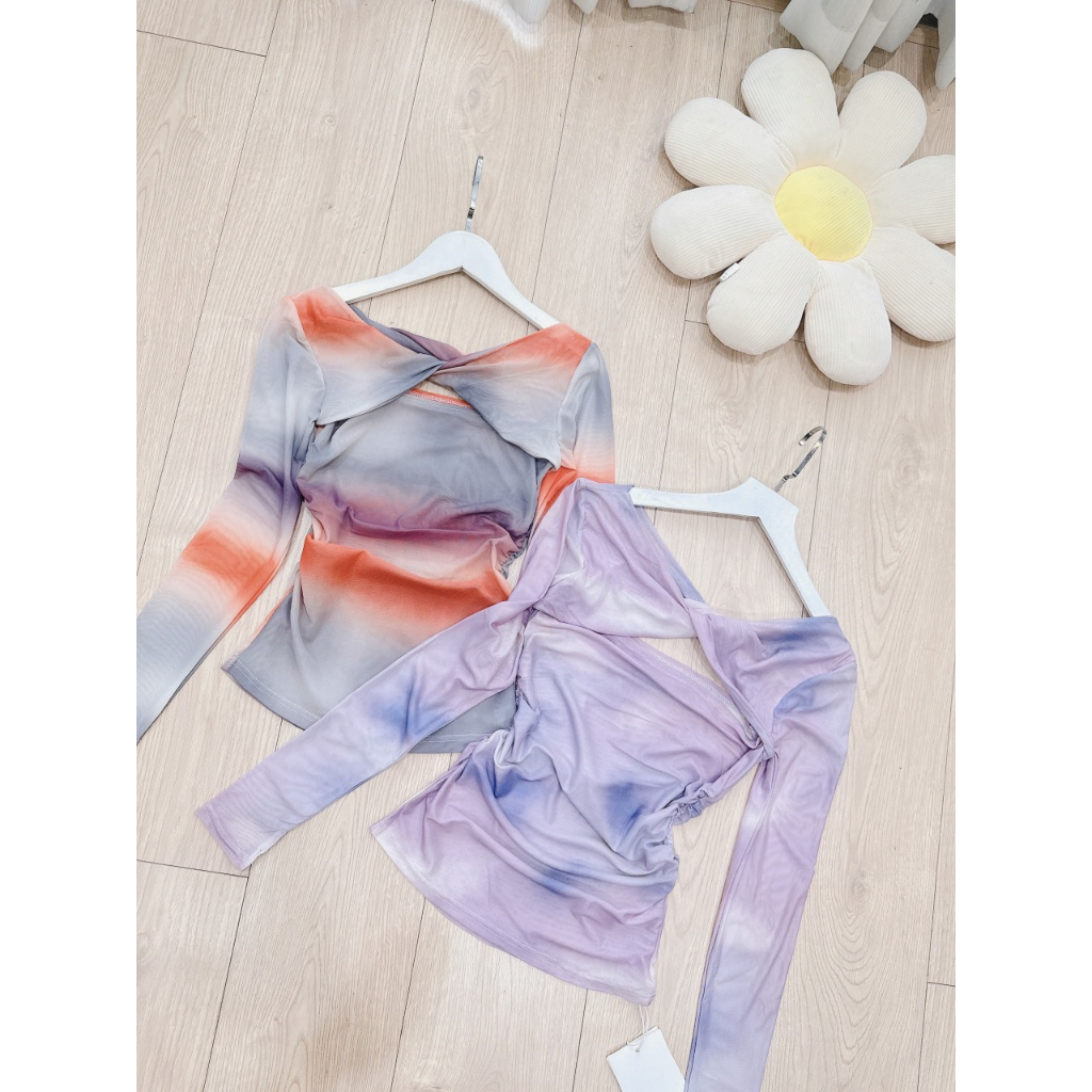 Áo loang thun lưới xoắn ngực, áo thun nữ tay dài màu loang tím pastel, áo ôm body tôn dáng