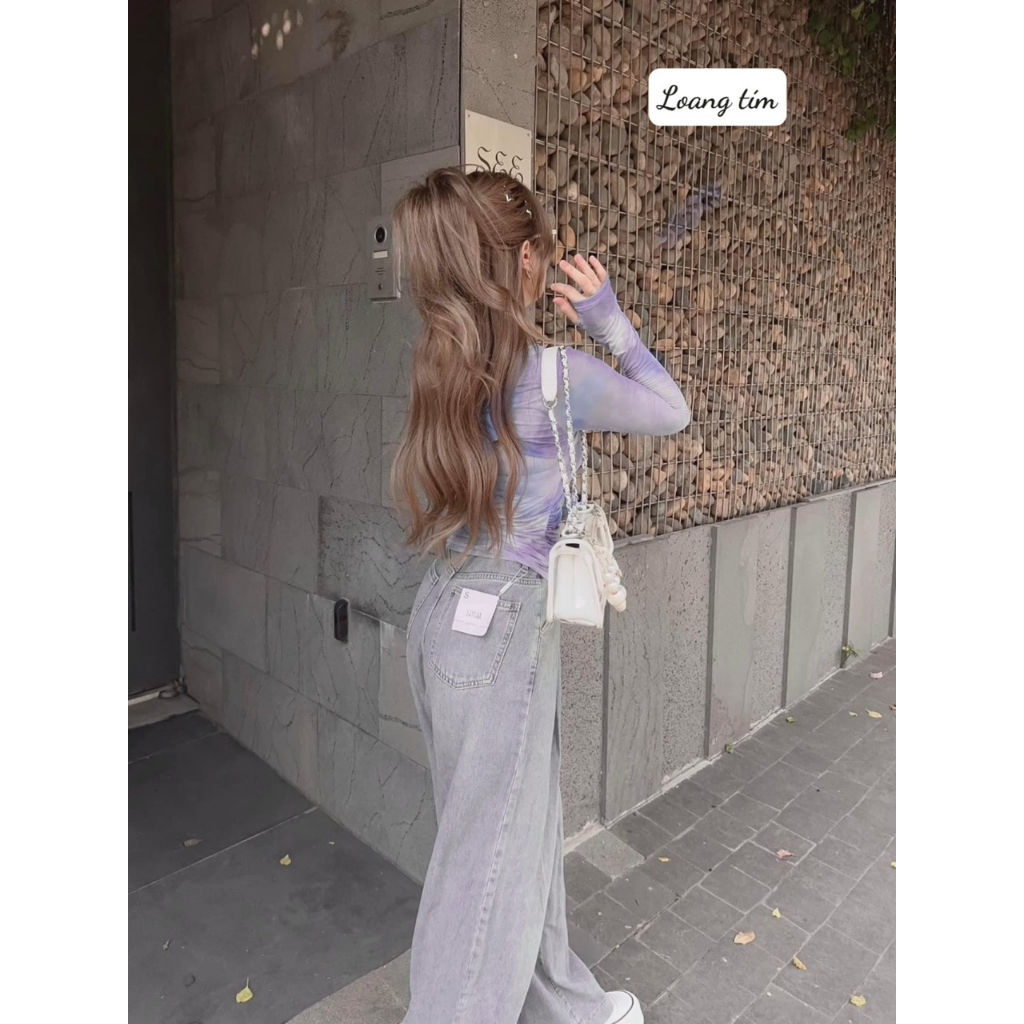 Áo loang thun lưới xoắn ngực, áo thun nữ tay dài màu loang tím pastel, áo ôm body tôn dáng