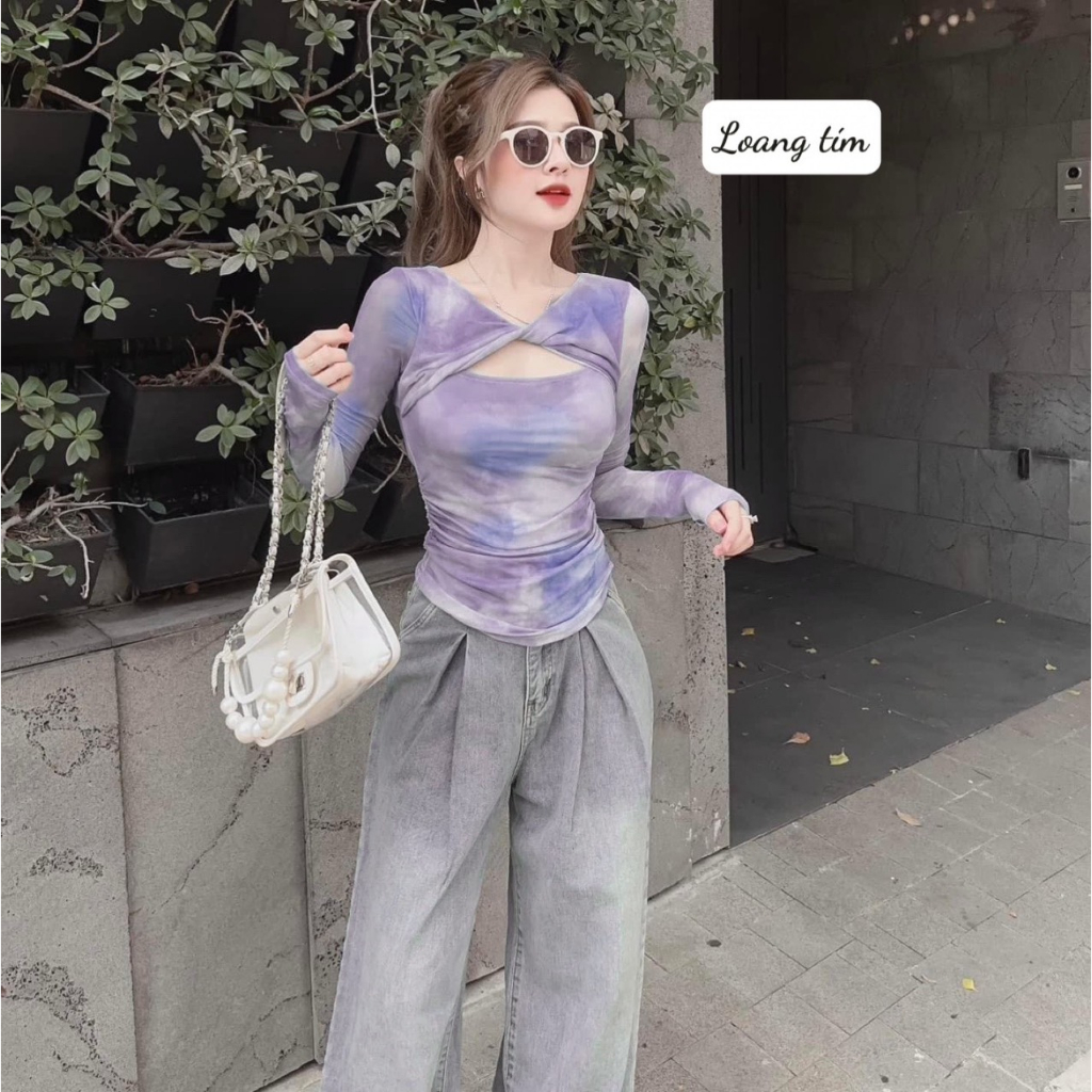 Áo loang thun lưới xoắn ngực, áo thun nữ tay dài màu loang tím pastel, áo ôm body tôn dáng