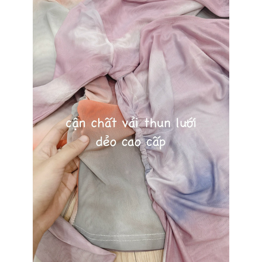 Áo loang thun lưới xoắn ngực, áo thun nữ tay dài màu loang tím pastel, áo ôm body tôn dáng