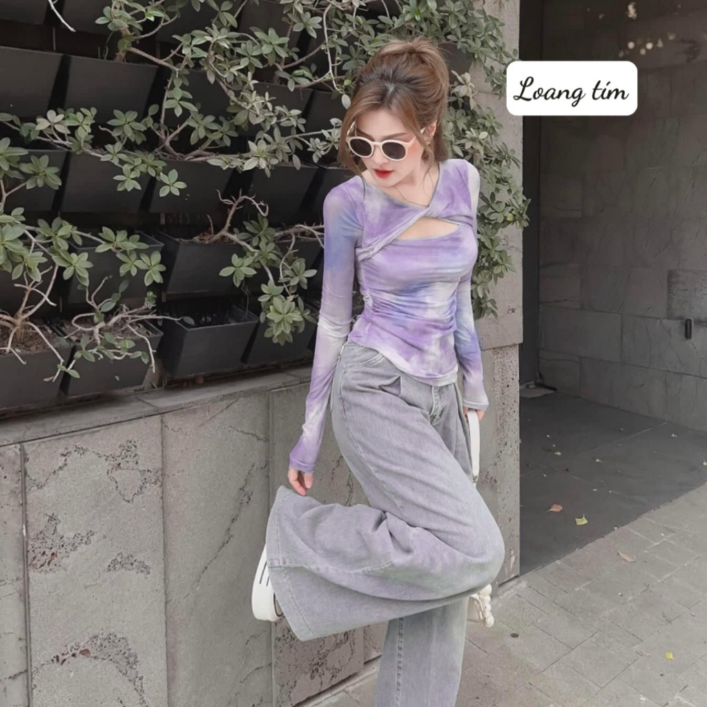 Áo loang thun lưới xoắn ngực, áo thun nữ tay dài màu loang tím pastel, áo ôm body tôn dáng