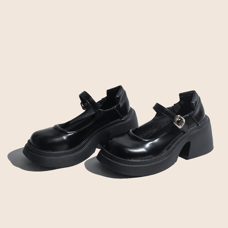 Giày Búp Bê Nữ Cao Gót Màu Đen Kem Da Lì Phong Cách Lolita Dễ Thương giayBOM B2817
