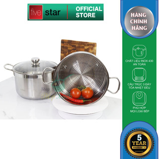 Bộ nồi xửng hấp FiveStar Standard 3 đáy inox 430 nắp kính tặng 1 vá canh ( 30cm) , dùng được bếp từ , hồng ngoại , gas