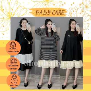 Váy bầu kẻ thu đông cotton co dãn m280 đầm bầu dài tay đuôi cá xinh xắn cho mẹ bầu