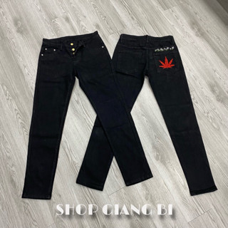 Quần dsq2 thêu lá đỏ hoa cúc đen trơn 4 cúc,quần jean dsq2 đen trơn thêu hoa cúc lá đỏ đơn giản không rách