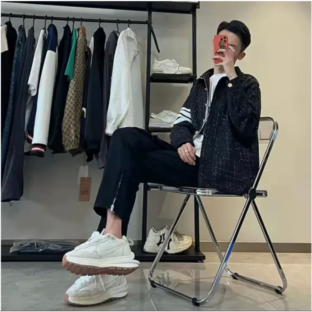 Áo Khoác Bomber Thome Kim Tuyến Óng Ánh Chất Dạ Bản 2 Lớp-Áo Bomber Kim Tuyến 4 Sọc Thêu Bản Cao Cấp