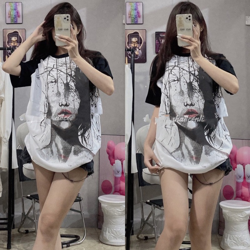 Áo Phông Pha Tay Hình Cô Gái 3D Loang Màu Hàng Loại 1