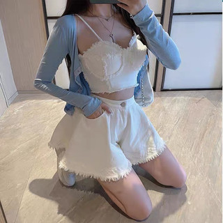 Áo Croptop 2 Dây Cúp Ngực Denim Trắng
