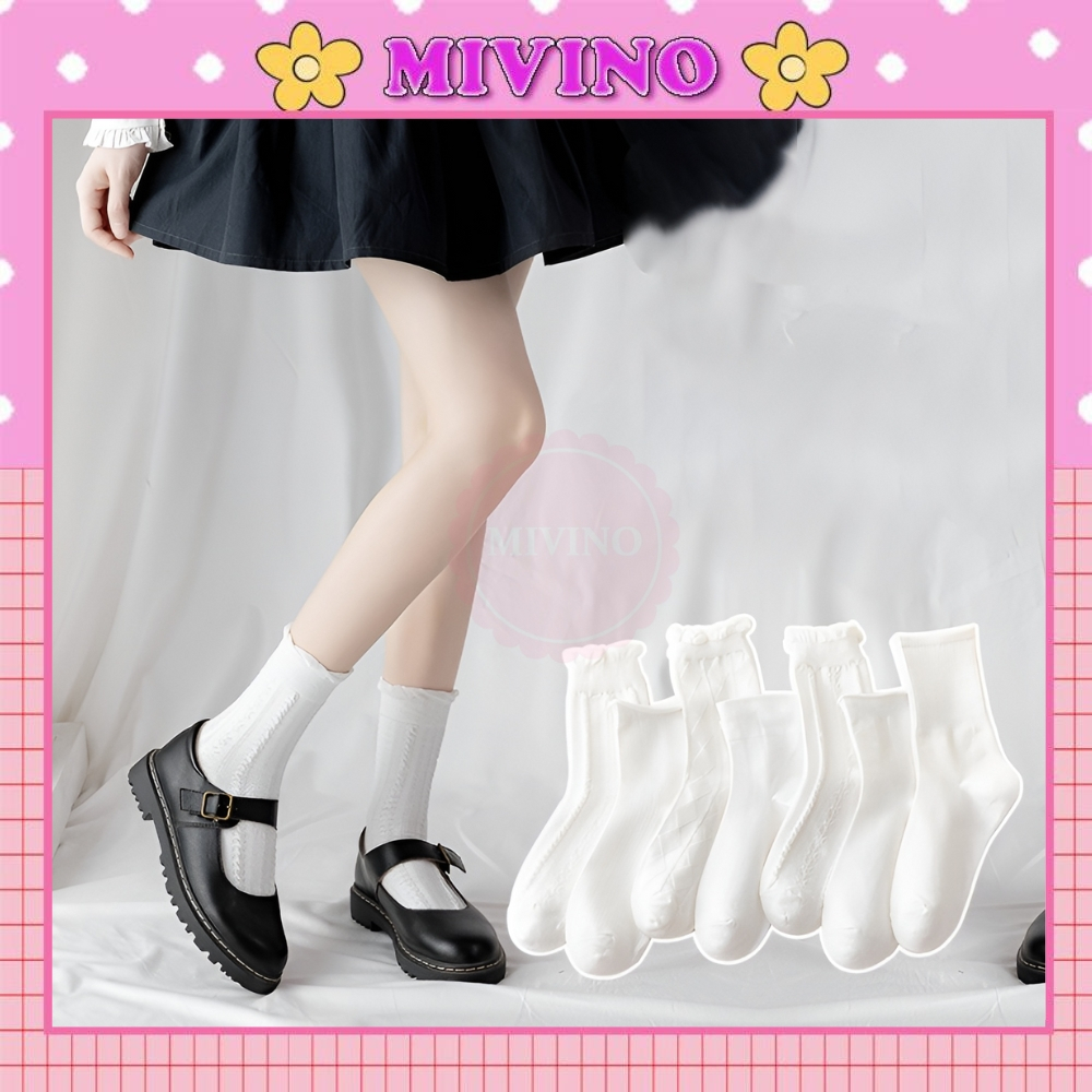 Tất trắng Mivino vớ cổ cao nữ cotton co giãn phối ren bèo dễ thương TN136