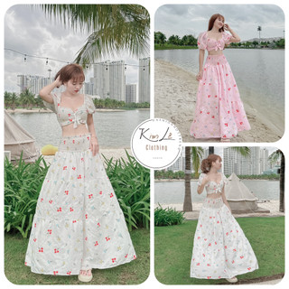 Set Maxi Mocking Hoa Áo Croptop Tay Phồng Phối Chân Váy Dài Mặc Nhiều Kiểu Đi Biển, Du Lịch, Sống Ảo. Chất: Xốp Hoa Free