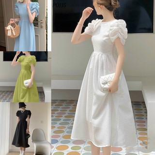 Đầm dự tiệc dài midi dáng xoè tay nhún bồng bềnh xinh đẹp thanh lịch cho nàng đi chơi đi dạo M2-64