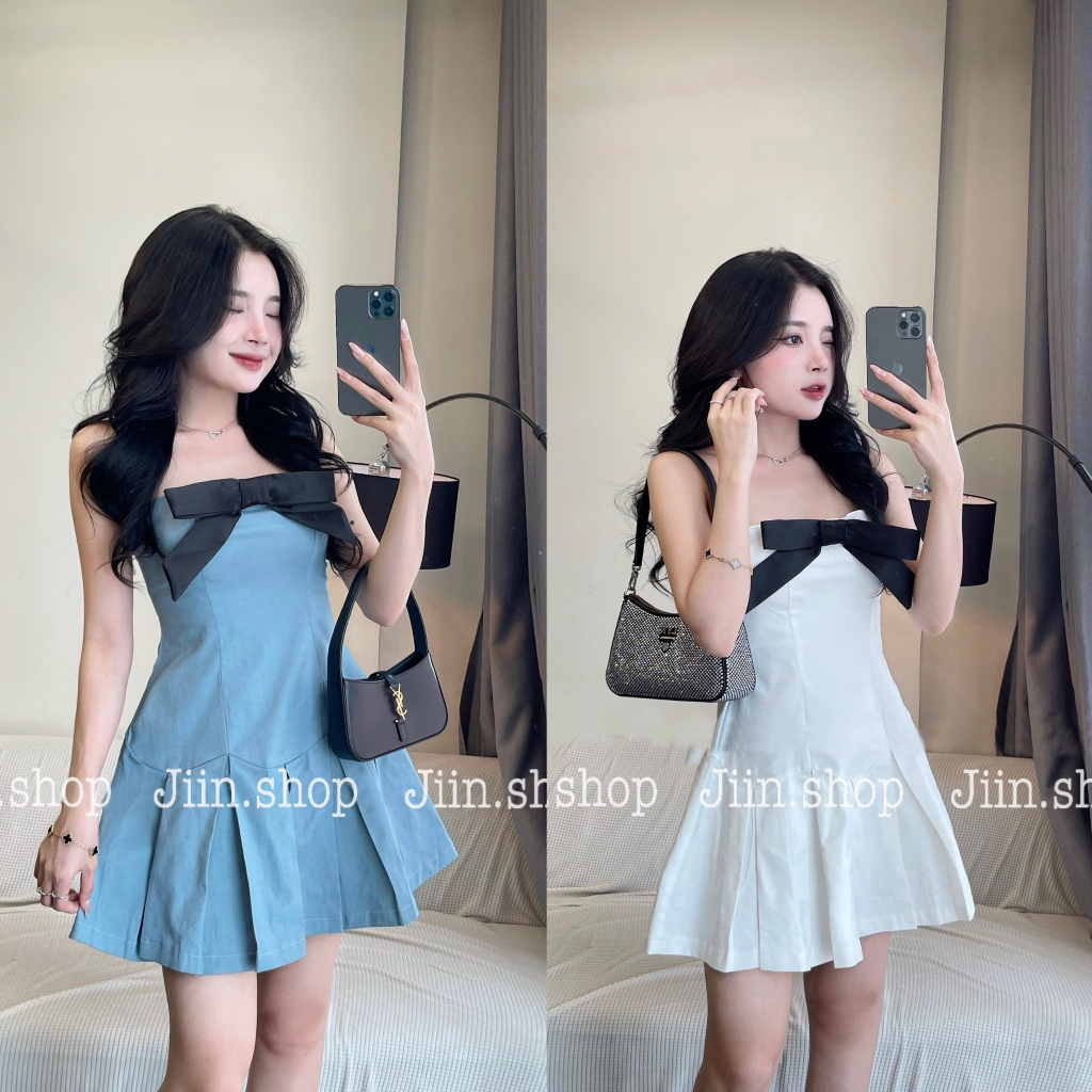 Váy đầm cúp ngực, quây ngực đính nơ, váy đầm jennie cao cấp thiết kế chân váy xếp ly vải kaki bò cao cấp