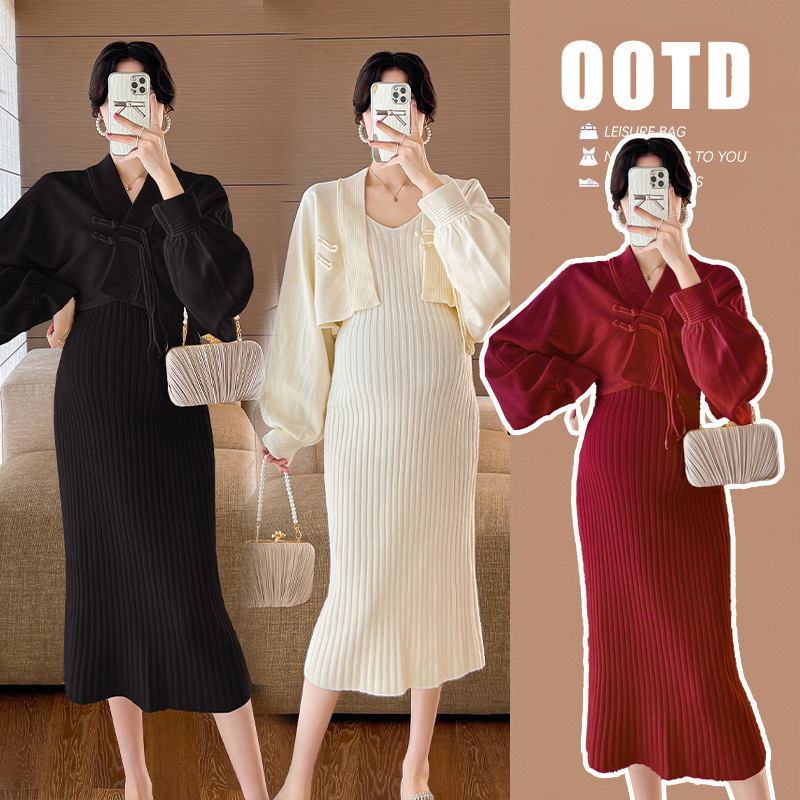 Young Mom | Set váy bầu SET200 có 2 màu, gồm váy + áo khoác dành cho bầu hàng Thu Đông, trẻ trung hàng nhập Quảng Châu
