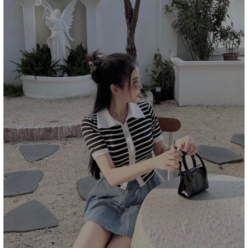 🎀QUEEN STORE🎀 SET ÁO SỌC KÈM CHÂN VÁY JEAN (CÓ LÓT TRONG)