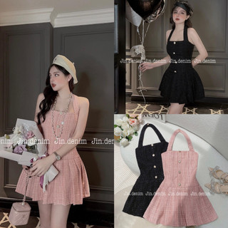 Váy đầm dạ tweed cổ yếm, dây buộc cổ, váy đầm cúp ngực,quây ngực,2 dây sexy hở lưng vai thiết kế cao cấp dự tiêc, đi bar