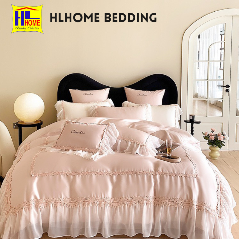 Bộ chăn ga tencel Hlhome viền ren công chúa cao cấp