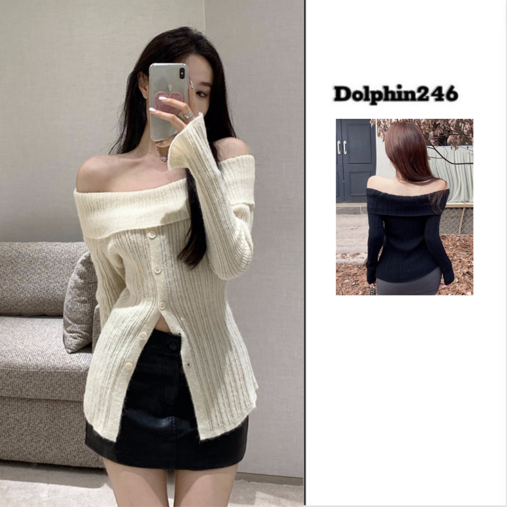 Áo len dài tay áo dệt kim cho nữ chất mongtoghi thiết kế hở vai bẹt vai sexy đính cúc giữa xẻ tà chất len tăm M126 N-10