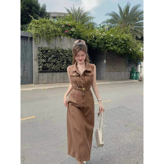 Váy kaki nữ dáng dài cổ sơ mi tặng kèm đai thắt lưng,đầm sát nách túi hộp hàng đẹp chuẩn from dáng
