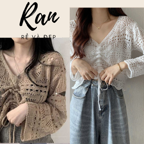 Áo len ren nữ dài tay có dây ở trước ngực, Áo nữ bánh bèo dáng ngắn phong cách tiểu thư xinh xắn Ranstore