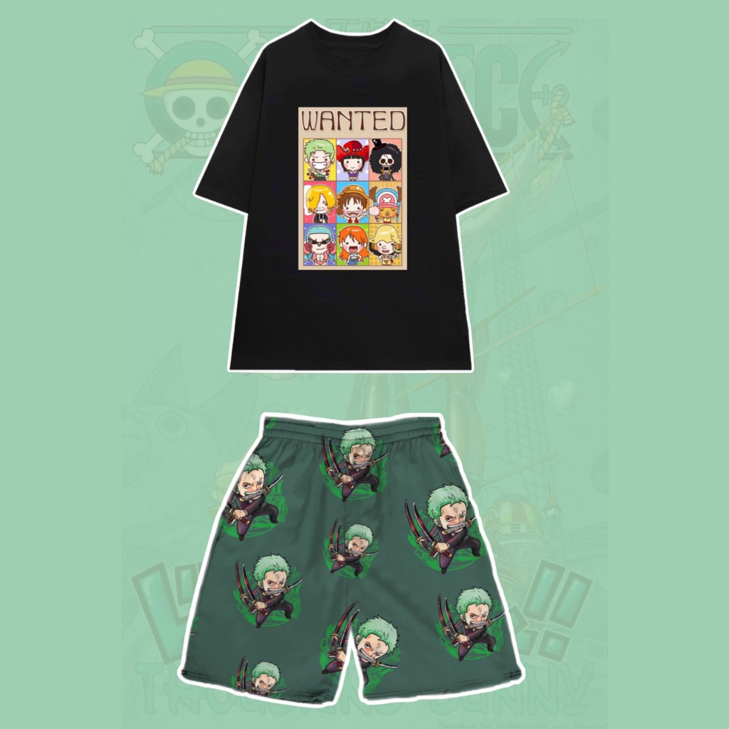Set Bộ Hoạt Hình One Piece Áo Thun Zoro Chopper Luffy Tay Lỡ Phối Quần Cartoon Đùi Dáng Rộng 75kg Trở Lại Unisex - MM