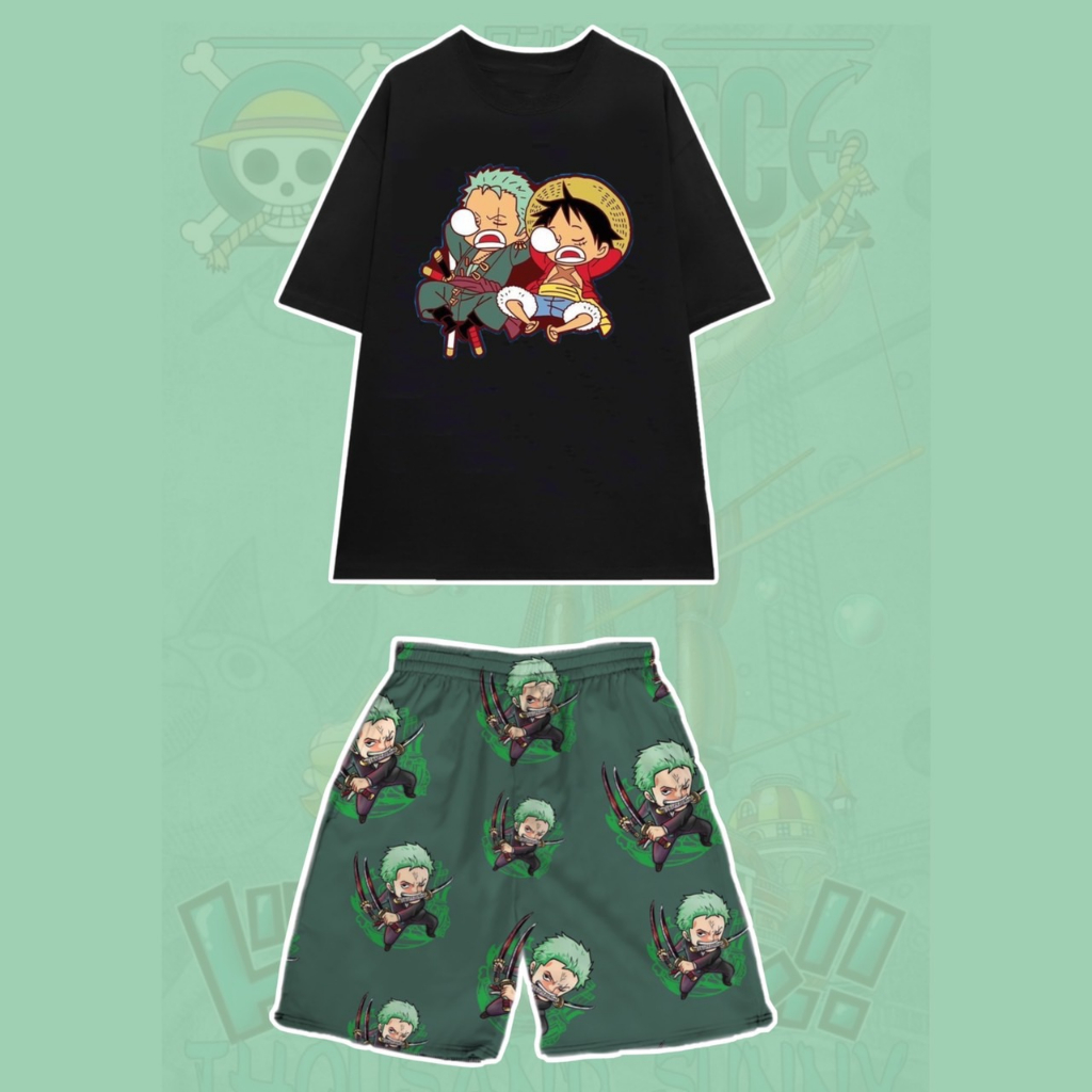 Set Bộ Hoạt Hình One Piece Áo Thun Zoro Chopper Luffy Tay Lỡ Phối Quần Cartoon Đùi Dáng Rộng 75kg Trở Lại Unisex - MM
