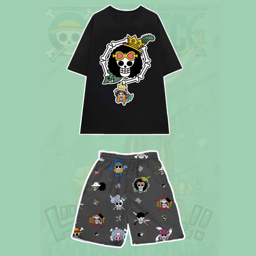 Set Bộ Hoạt Hình One Piece Áo Thun Zoro Chopper Luffy Tay Lỡ Phối Quần Cartoon Đùi Dáng Rộng 75kg Trở Lại Unisex - MM