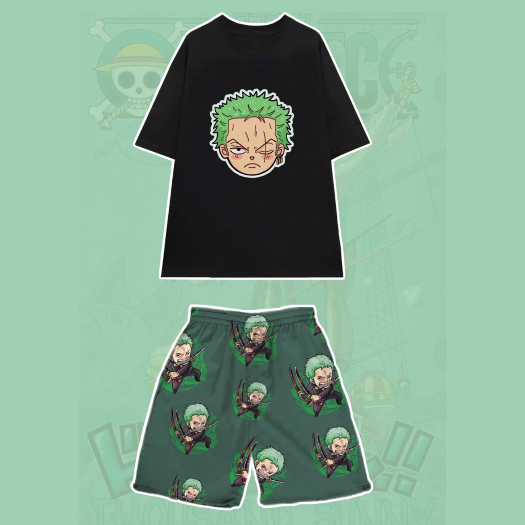 Set Bộ Hoạt Hình One Piece Áo Thun Zoro Chopper Luffy Tay Lỡ Phối Quần Cartoon Đùi Dáng Rộng 75kg Trở Lại Unisex - MM