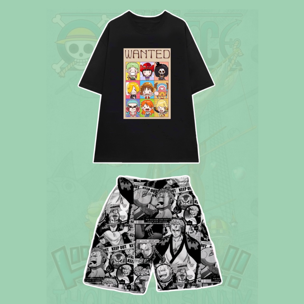 Set Bộ Hoạt Hình One Piece Áo Thun Zoro Chopper Luffy Tay Lỡ Phối Quần Cartoon Đùi Dáng Rộng 75kg Trở Lại Unisex - MM