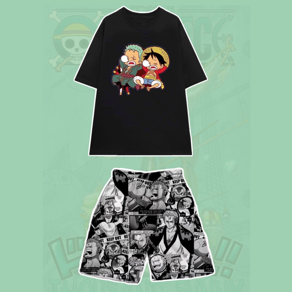 Set Bộ Hoạt Hình One Piece Áo Thun Zoro Chopper Luffy Tay Lỡ Phối Quần Cartoon Đùi Dáng Rộng 75kg Trở Lại Unisex - MM