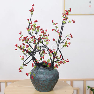 Hoa giả,hoa lụa - cành chery cổ cao 1m thân giả gỗ - cành tuyết cổ - cành cherry quả mọng - Có video