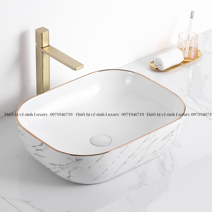 Chậu rửa mặt lavabo viền vàng, chậu Lavabo, bồn rửa mặt Lavabo, bồn Lavabo men tuyết phủ NANO trắng sáng chống bám bẩn