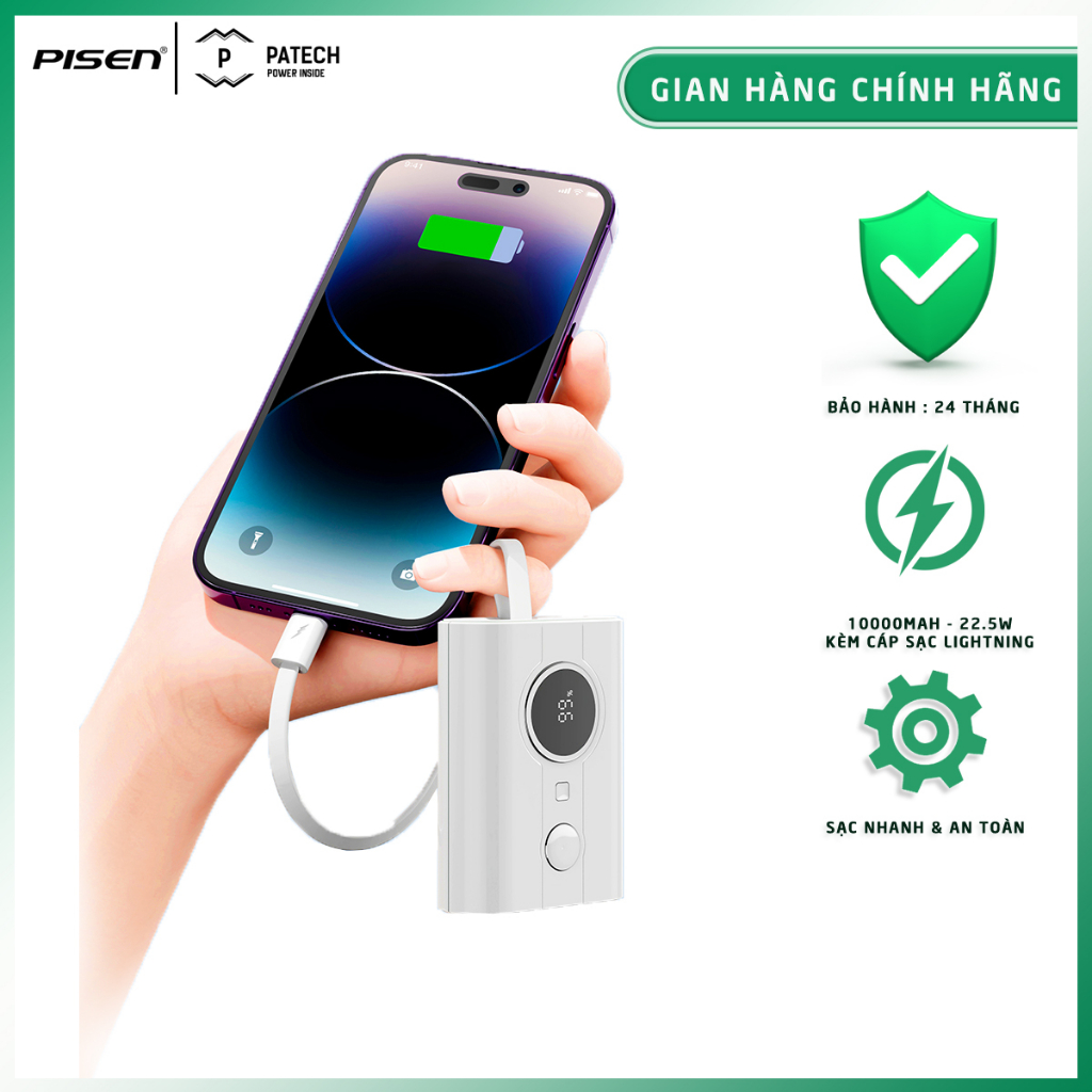 Sạc dự phòng PISEN QUICK Tiny 10000mAh 22.5W kèm cáp L, sạc nhanh, model: TP-D29, bảo hành 24 tháng - Hàng chính hãng